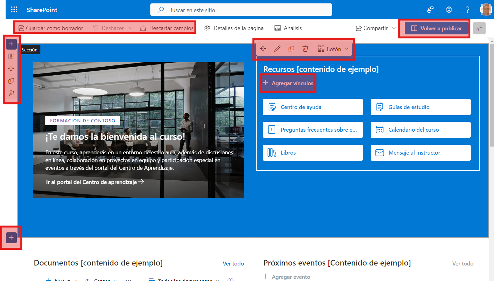 Modo edición en un sitio de SharePoint